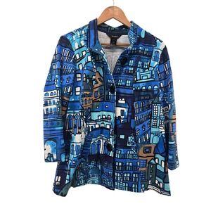 Ali Miles Art to Wear Jacket Medium Blue Paris Cityscape Wire Collar Novelty